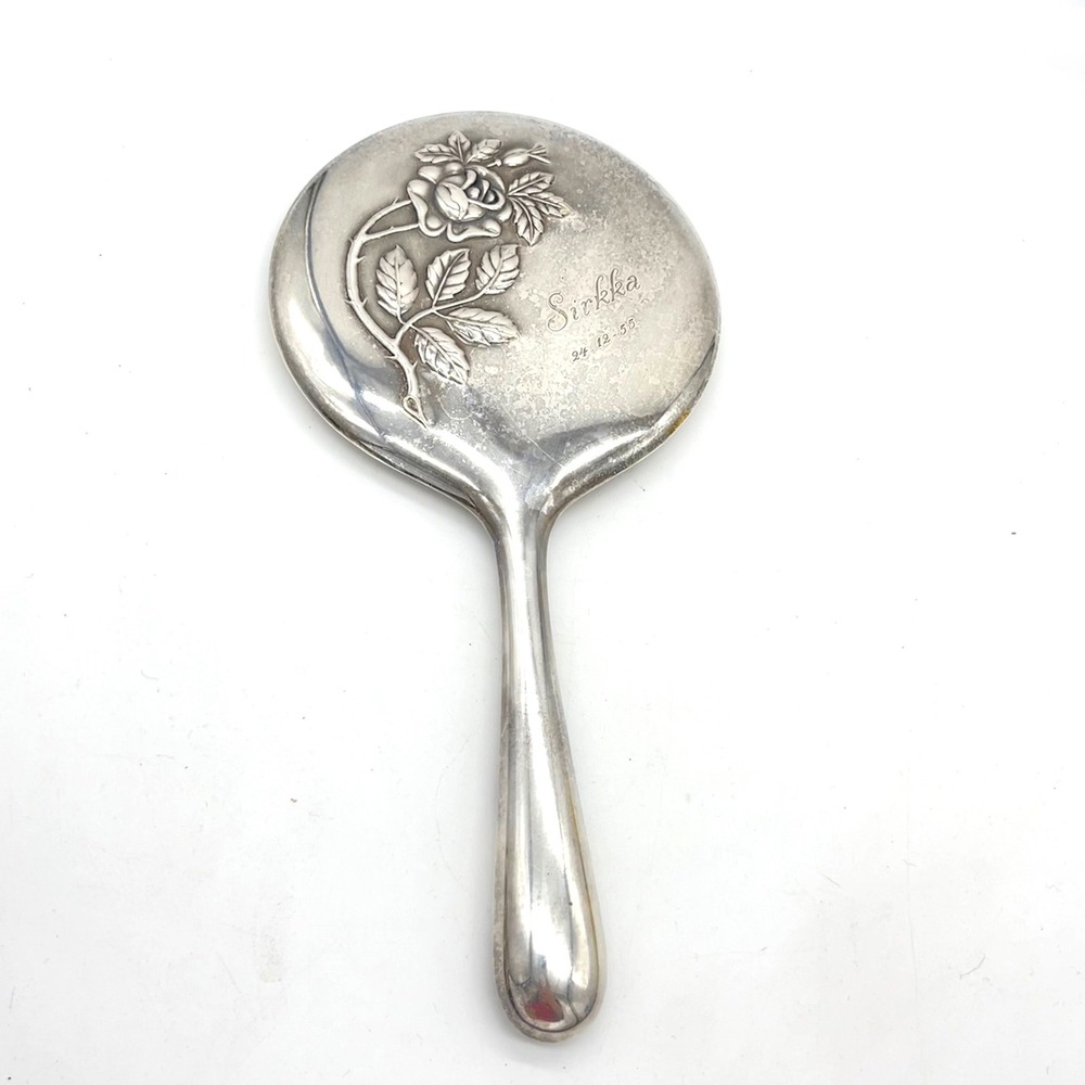 Vintage Alpaka Silver Tone Hand Mirror Rose Embossed Sirkka 1955 Engraved